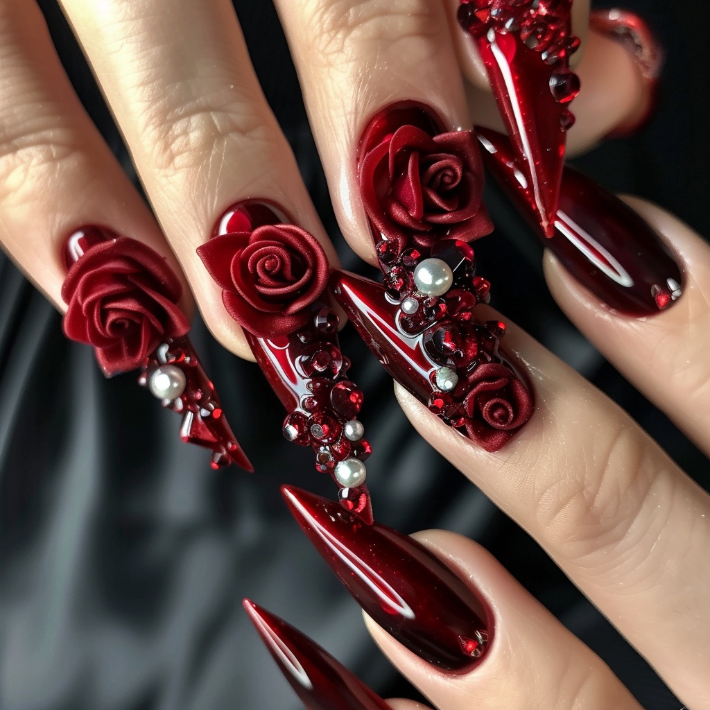 🔴【ネイルデザイン参考】豪華3D赤バラネイル10点セット💅🌹