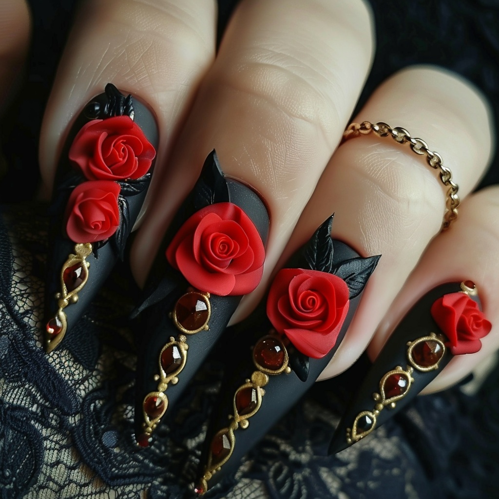 🔮【ネイルデザイン参考】ゴシックローズネイル10点セット🌹🖤