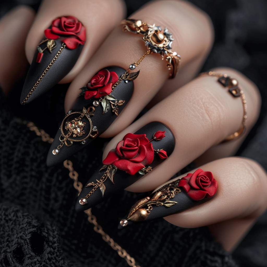 🔮【ネイルデザイン参考】ゴシックローズネイル10点セット🌹🖤