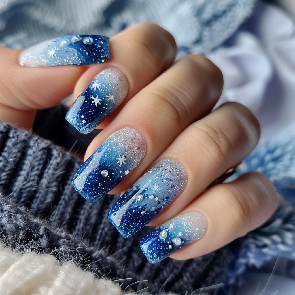 💙❄️【ネイル参考デザイン】冬の星空と雪の結晶ネイル11点セット❄️💙