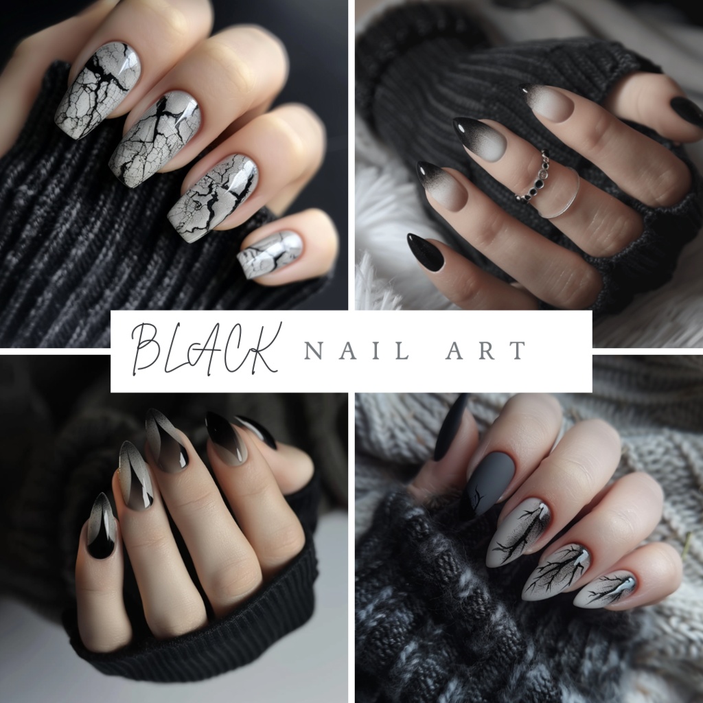🖤【ネイル参考デザイン】Black Nail Art|闇と静寂を纏うブラックネイル11点セット🖤