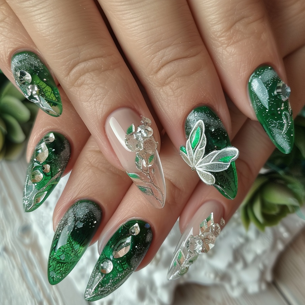🍀【ネイル参考デザイン】Green Nature Nail|癒しと輝きのグリーンネイル15点セット🍀