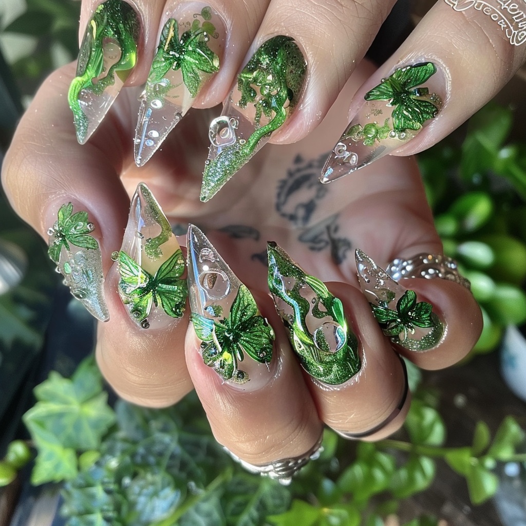 🍀【ネイル参考デザイン】Green Nature Nail|癒しと輝きのグリーンネイル15点セット🍀