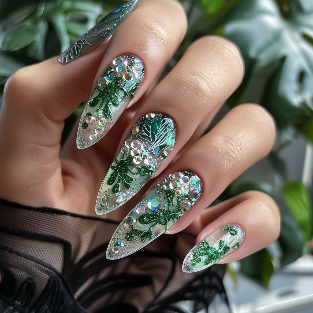 🍀【ネイル参考デザイン】Green Nature Nail|癒しと輝きのグリーンネイル15点セット🍀