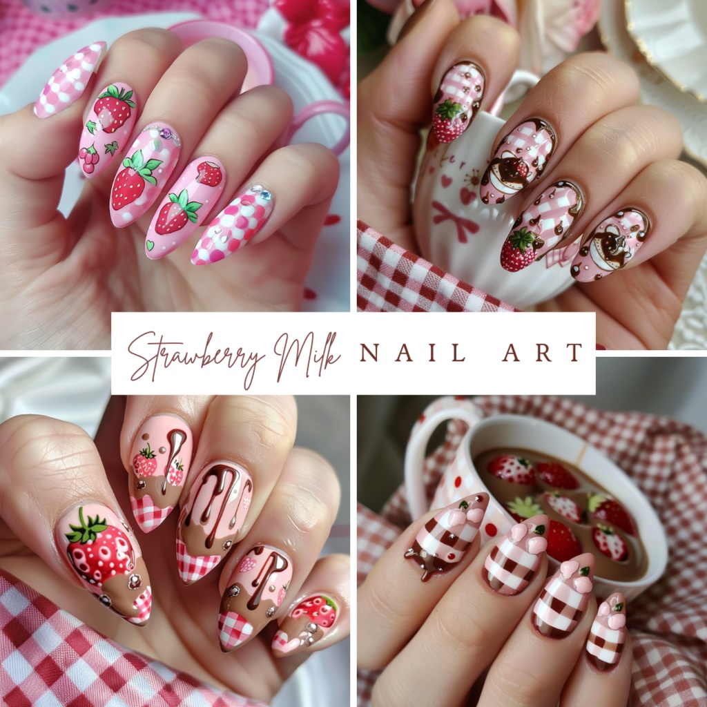 🍓【ネイルデザイン参考】Strawberry Milk Nail｜いちごミルクネイルアート10点セット🍓
