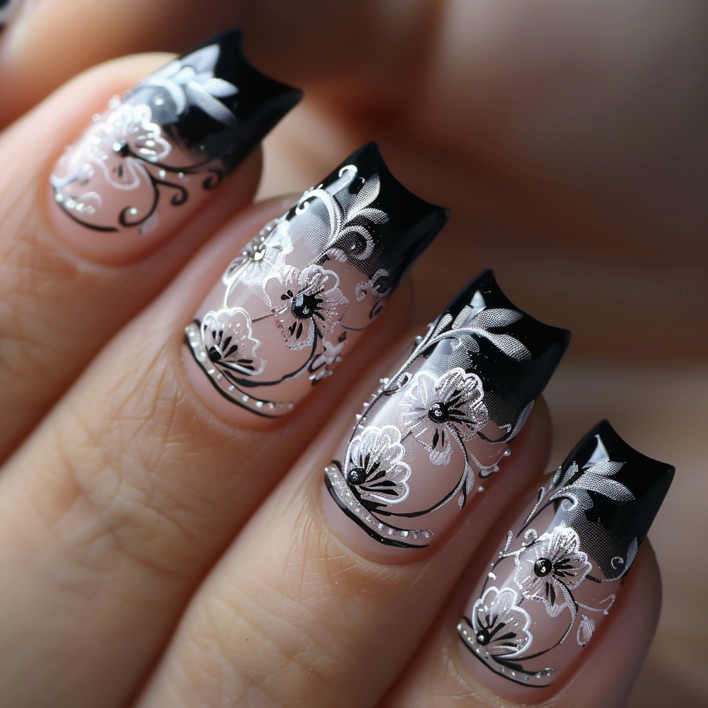 🖤【ネイルデザイン参考】Monotone Floral Spring|モノトーンフローラル・スプリング ネイルアート12点セット🖤