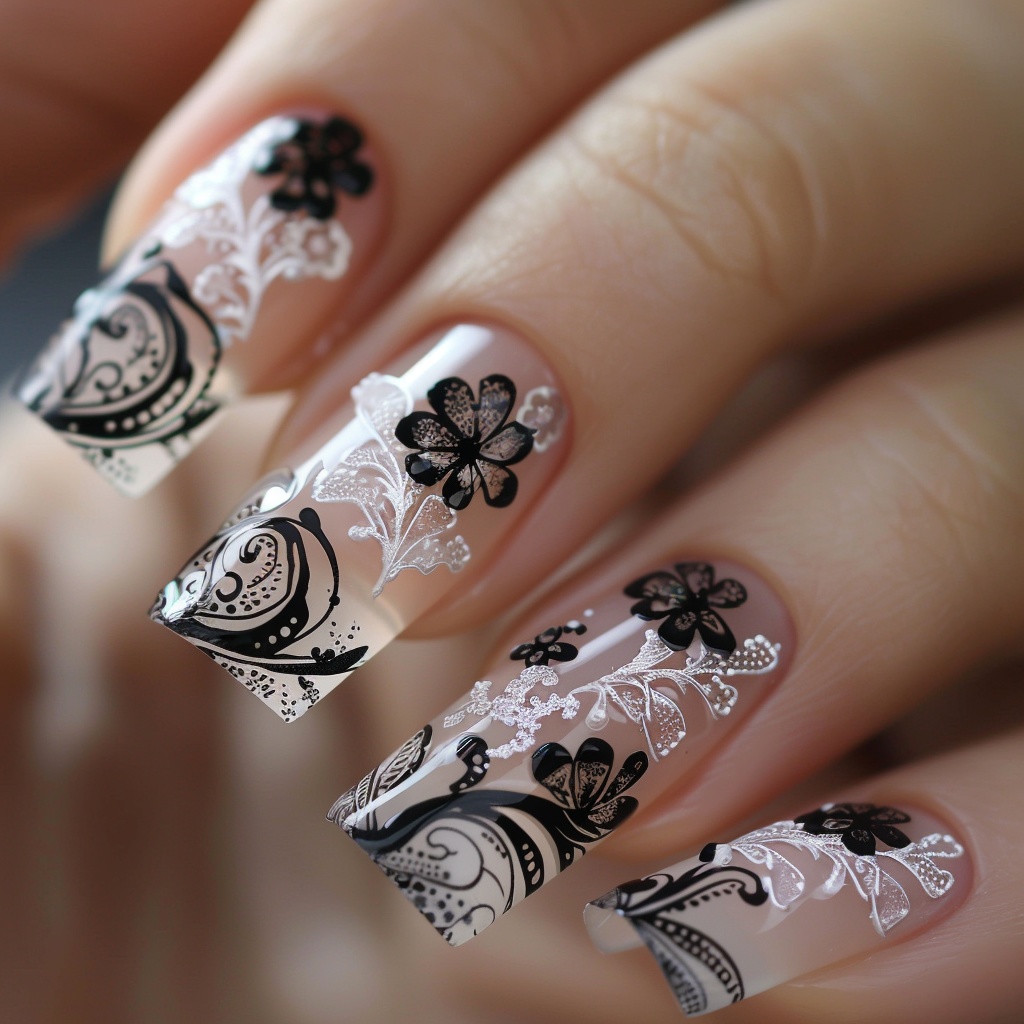 🖤【ネイルデザイン参考】Monotone Floral Spring|モノトーンフローラル・スプリング ネイルアート12点セット🖤