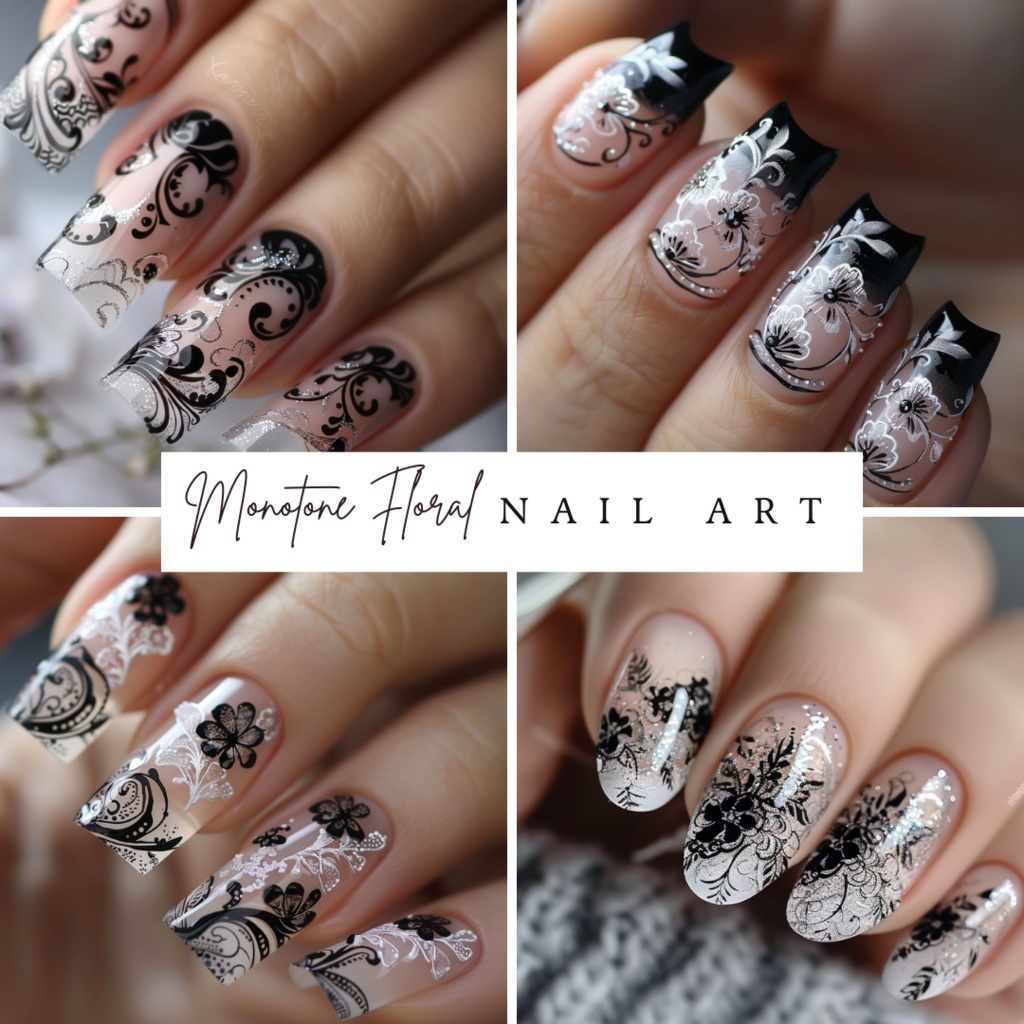 🖤【ネイルデザイン参考】Monotone Floral Spring|モノトーンフローラル・スプリング ネイルアート12点セット🖤