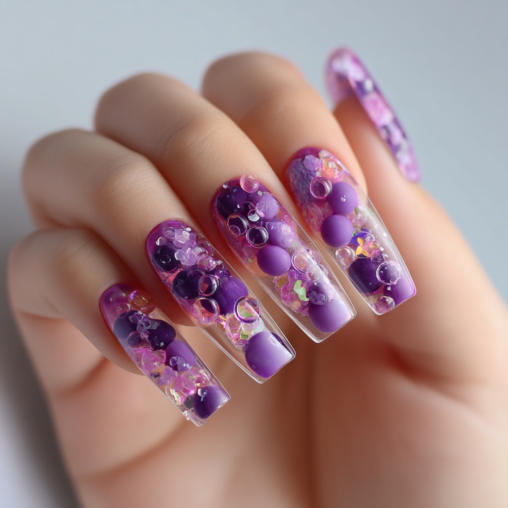 🍇【ネイルデザイン素材】Grape Jelly Sparkle Nail|ぶどうゼリーと泡のきらめきネイルアート14点セット🍇