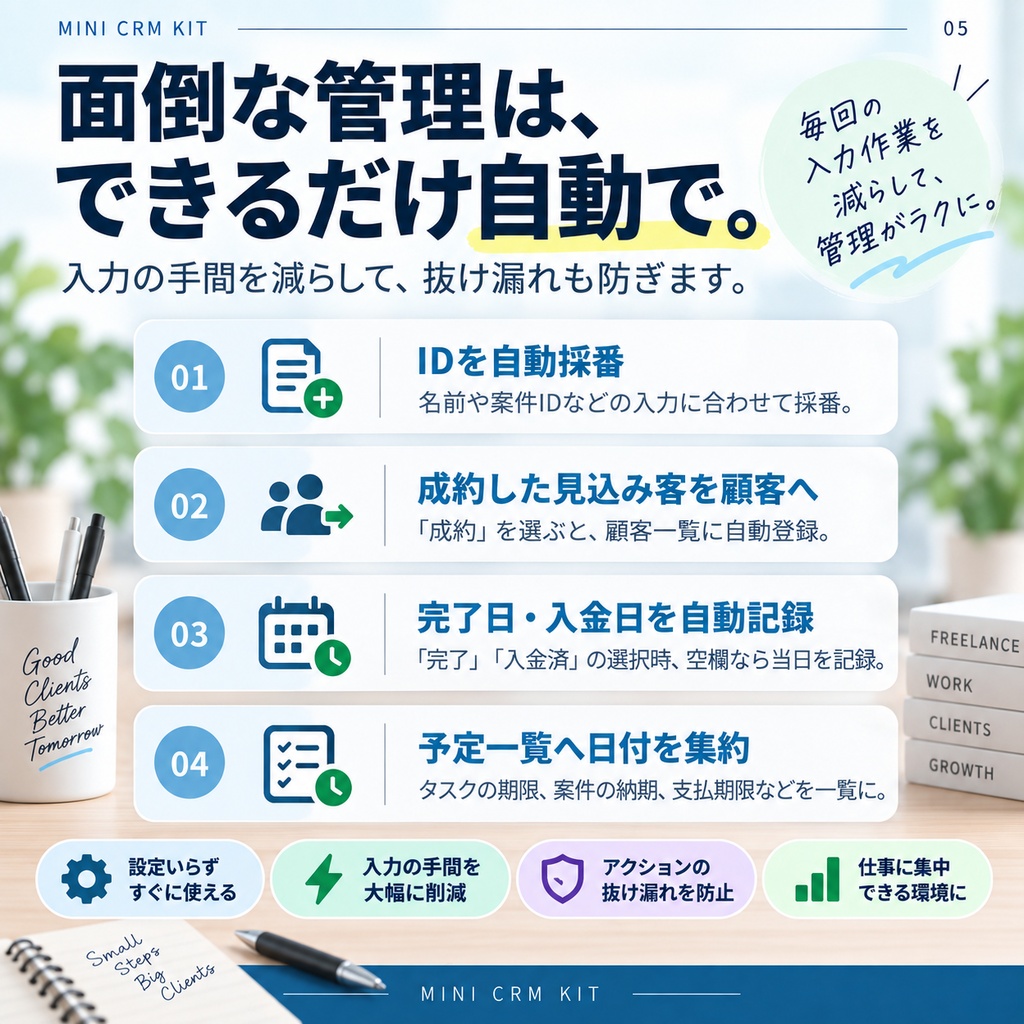 フリーランス仕事管理CRM|顧客・案件・タスク・請求を一元管理【Googleスプレッドシート】