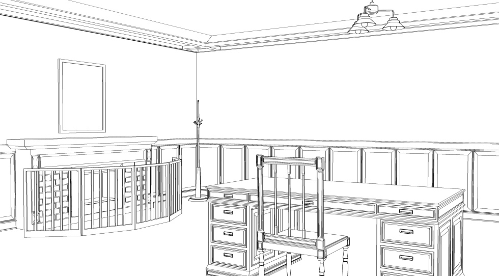 3D素材 暖炉のある応接室と執務室のセット