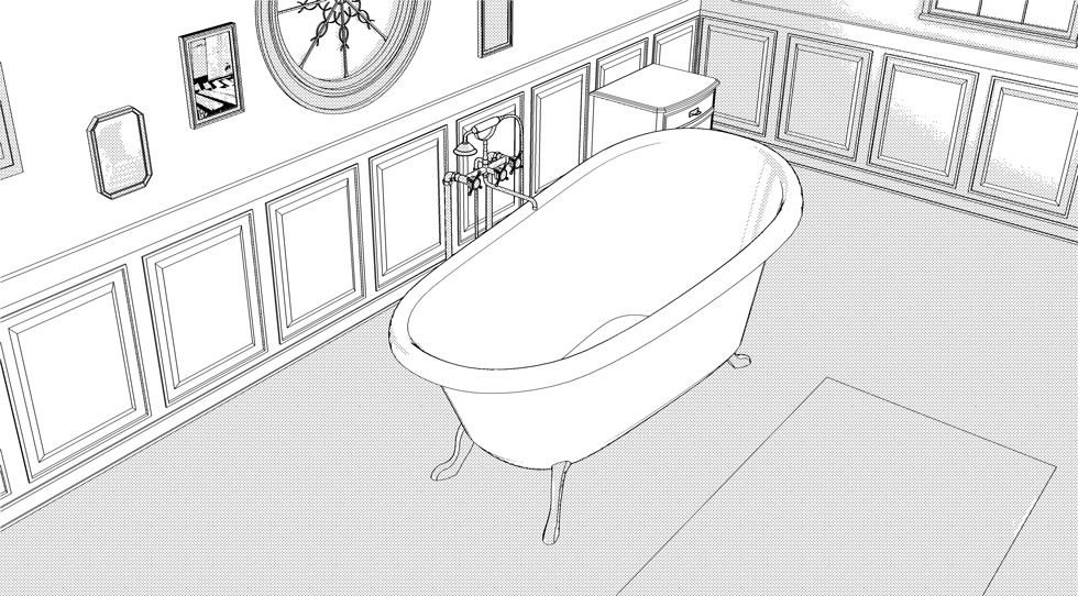 3D素材 猫足つきバスタブのある屋根裏部屋の浴室セット