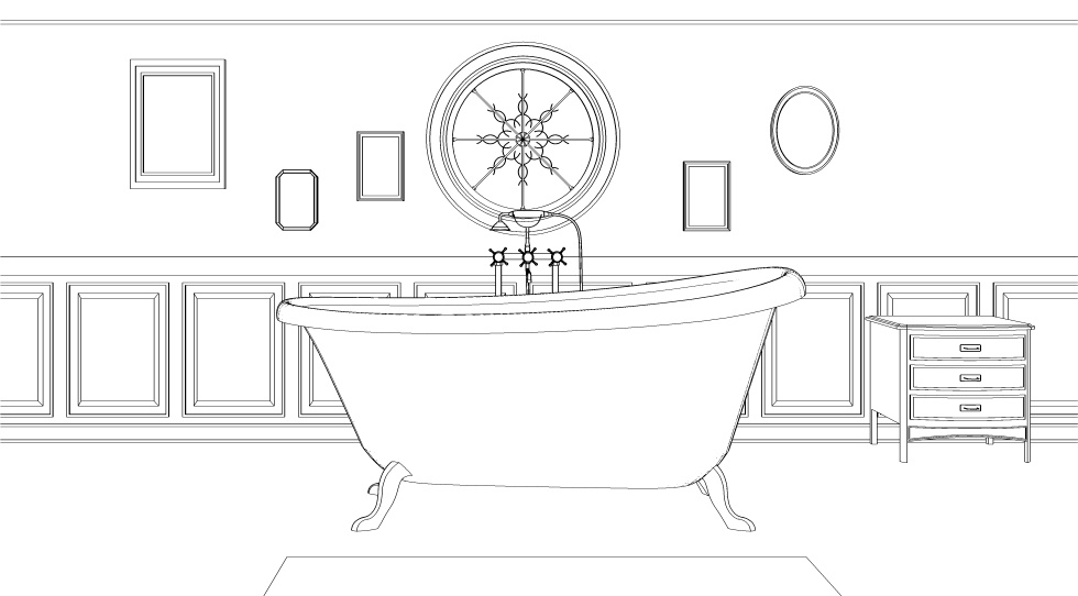 3D素材 猫足つきバスタブのある屋根裏部屋の浴室セット