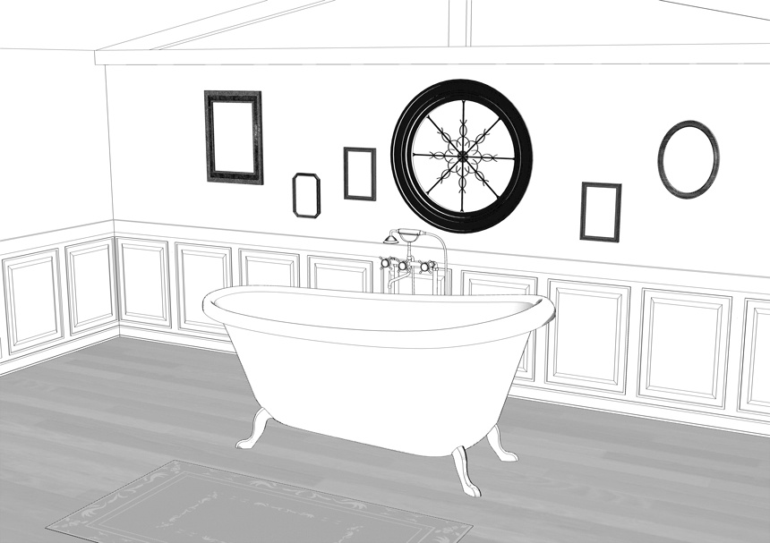 3D素材 猫足つきバスタブのある屋根裏部屋の浴室セット