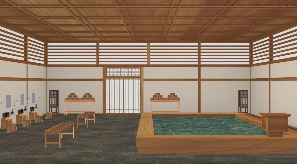 3D素材 15人以上が一緒に入れる木造の大浴場セット