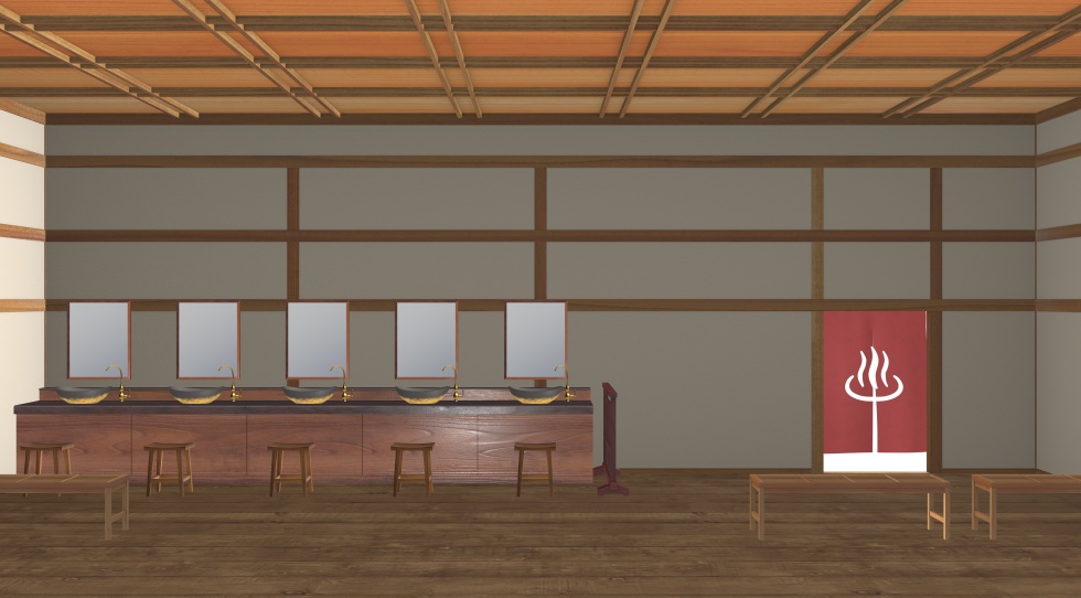 3D素材 15人以上が一緒に入れる木造の大浴場セット