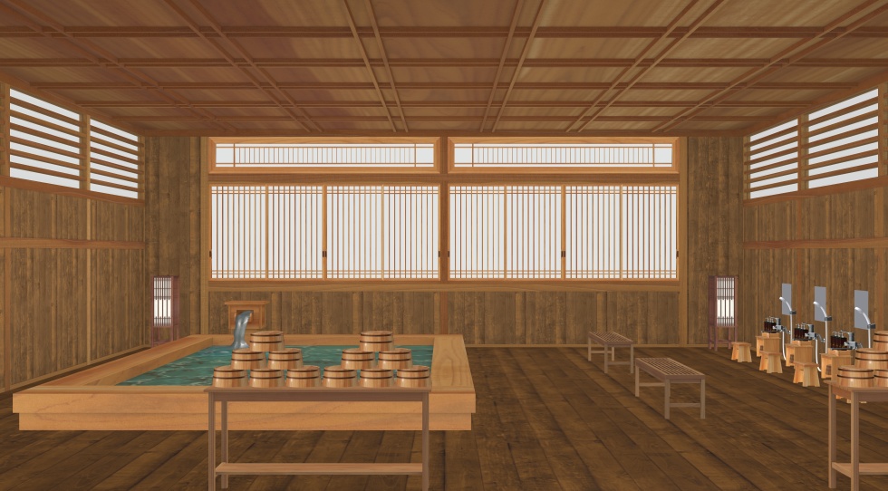 3D素材 15人以上が一緒に入れる木造の大浴場セット