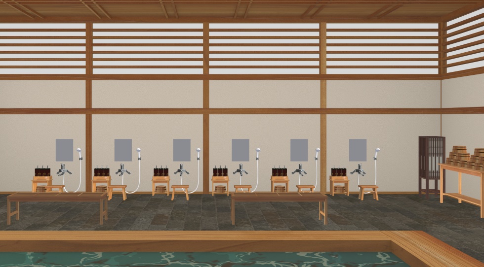 3D素材 15人以上が一緒に入れる木造の大浴場セット