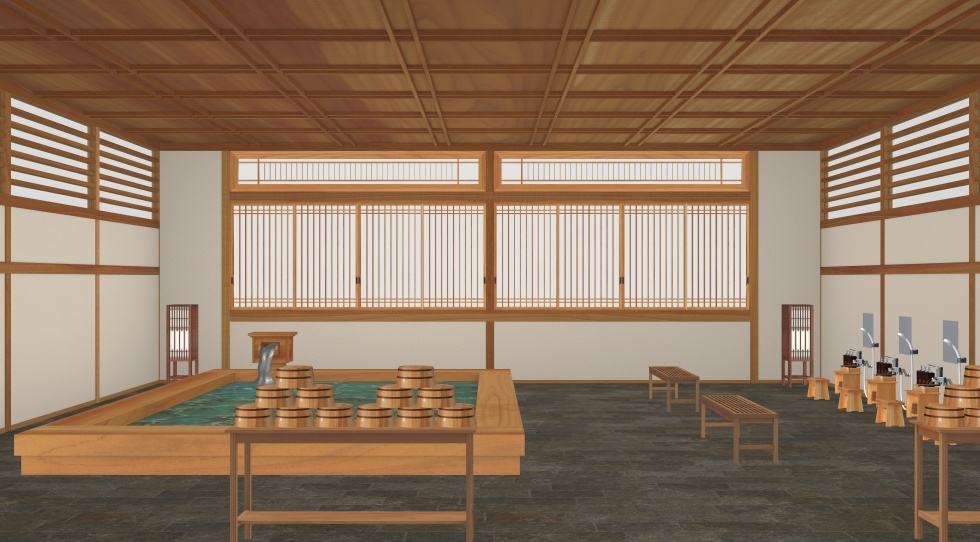 3D素材 15人以上が一緒に入れる木造の大浴場セット