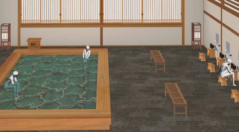 3D素材 15人以上が一緒に入れる木造の大浴場セット