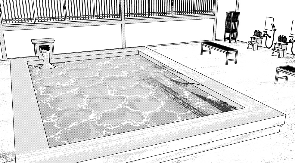 3D素材 15人以上が一緒に入れる木造の大浴場セット