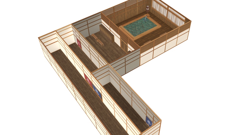 3D素材 15人以上が一緒に入れる木造の大浴場セット