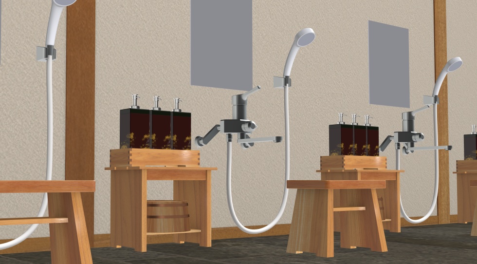 3D素材 15人以上が一緒に入れる木造の大浴場セット