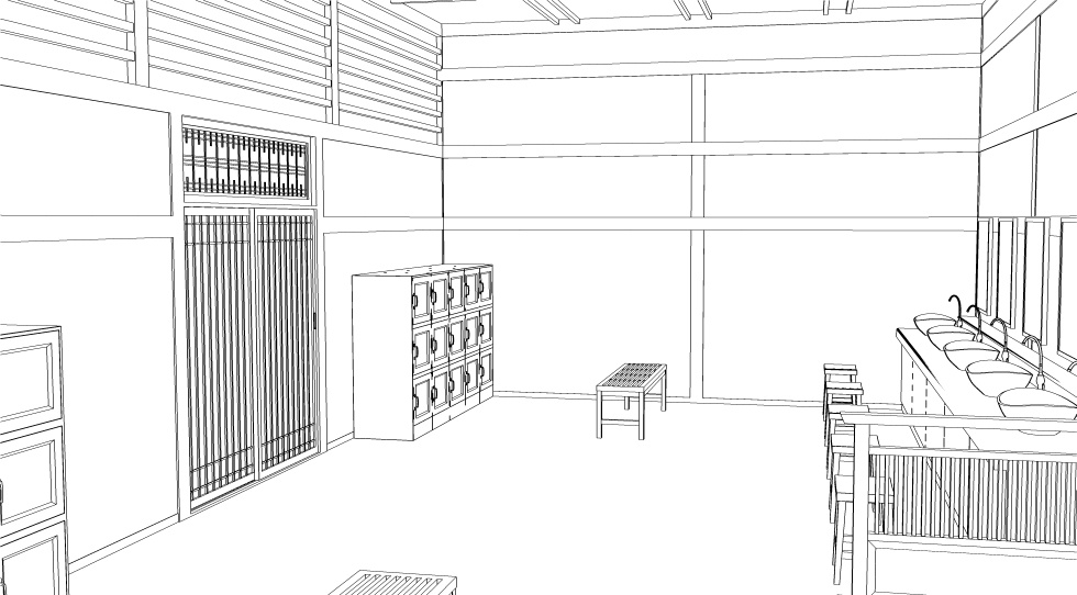 3D素材 15人以上が一緒に入れる木造の大浴場セット