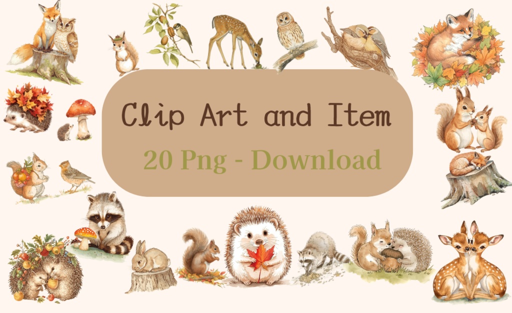 【温もり水彩】🍂秋の動物クリップアート 20セット＋α (PNG/300dpi)