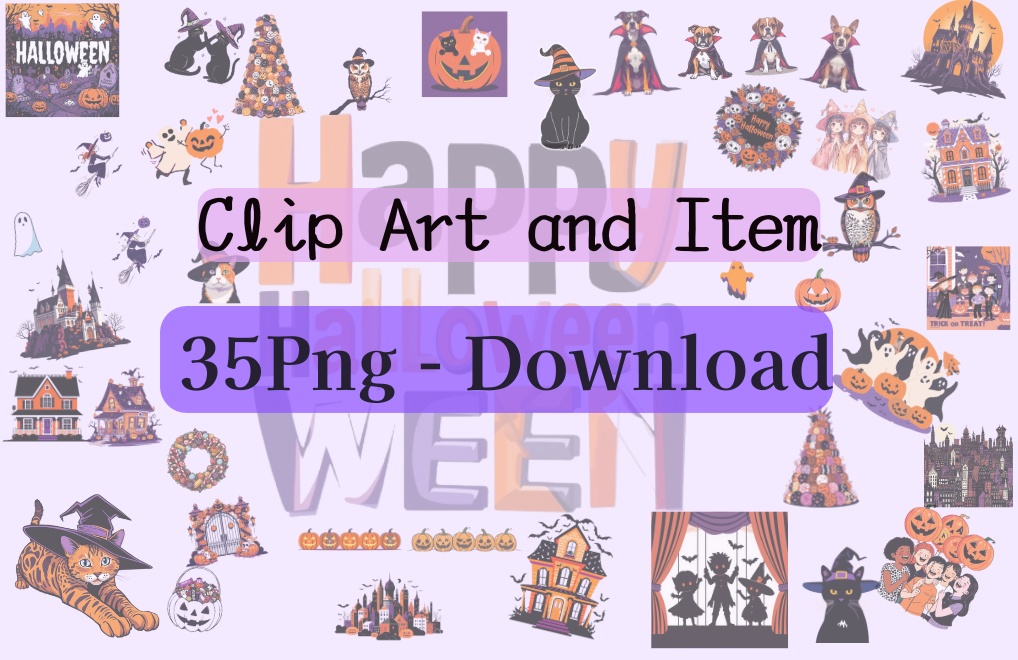 【ハロウィン素材】ポップ＆カラフルなクリップアートセット35PNG+α｜オレンジ・黒・白・紫基調／背景透過