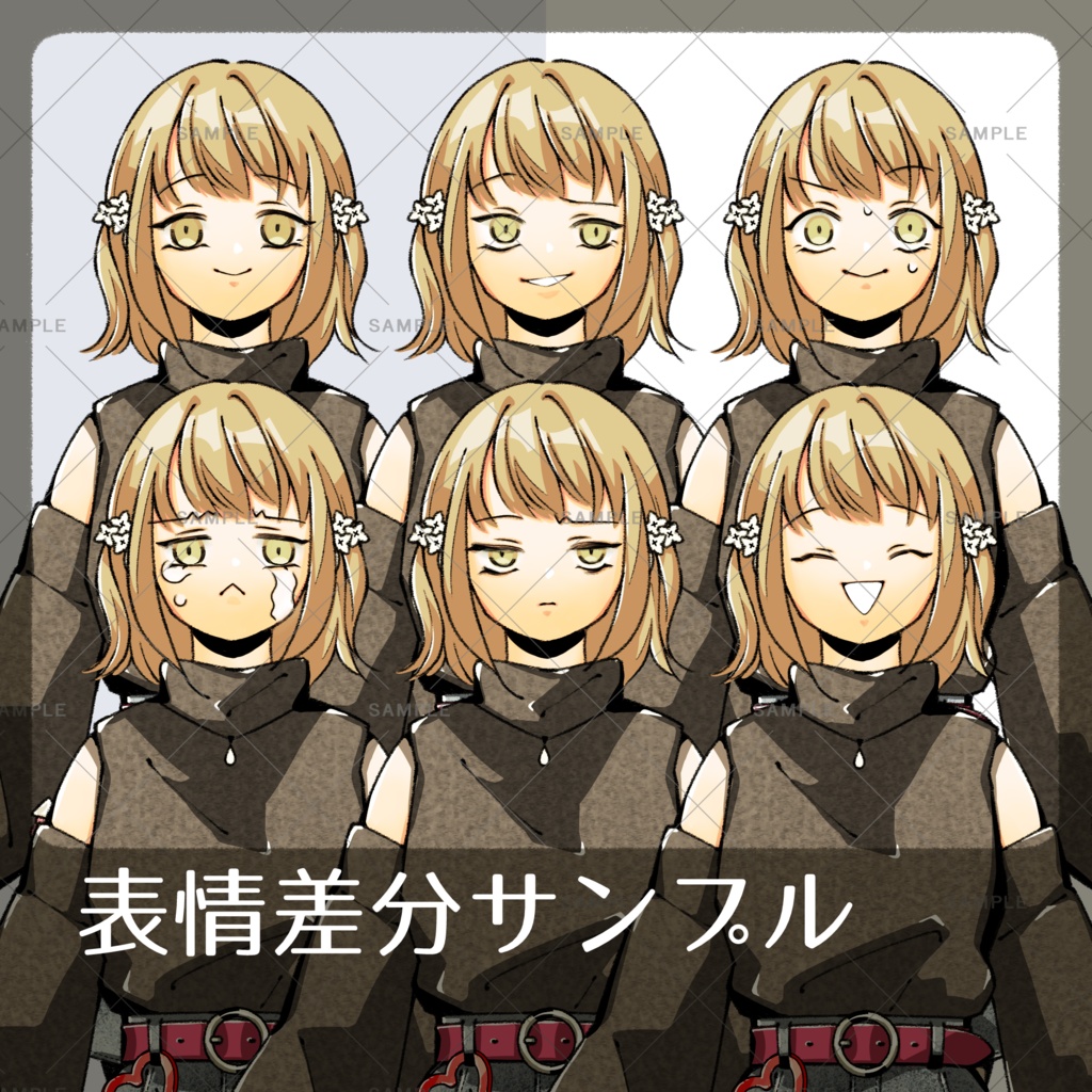 立ち絵素材_茶髪_女の子_表情6種_ベレー帽差分_うさぎアクセサリー_ピンク_手描き