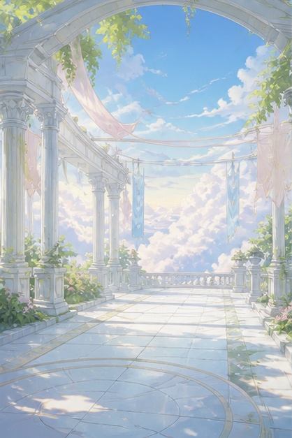 【サイズ選択】雲の上の空中庭園 背景素材|商用利用可