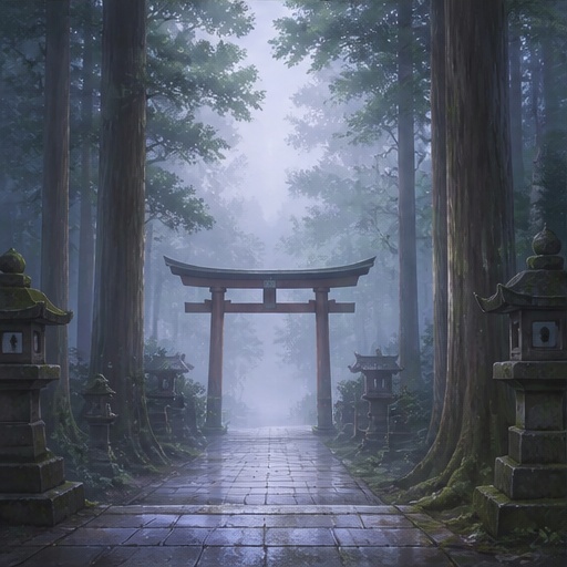【サイズ選択】朝霧の神社 背景素材|商用利用可
