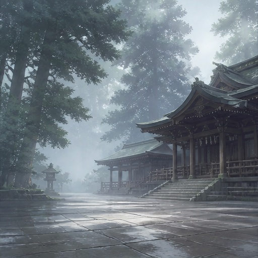 【サイズ選択】朝霧の神社 背景素材|商用利用可