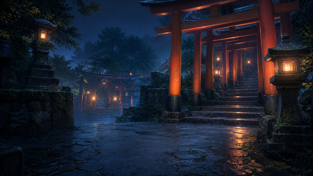 【サイズ選択・各5枚】雨の京都・夜景 配信背景素材|商用利用可