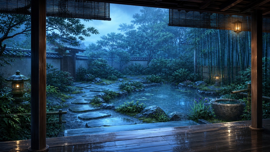 【サイズ選択・各5枚】雨の京都・夜景 配信背景素材|商用利用可