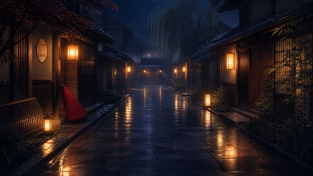 【サイズ選択・各5枚】雨の京都・夜景 配信背景素材｜商用利用可
