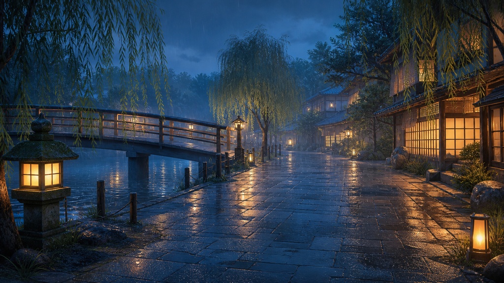 【サイズ選択・各5枚】雨の京都・夜景 配信背景素材|商用利用可