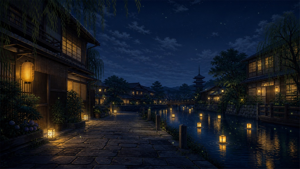 【サイズ選択・各5枚】夏の蛍・和風夜景 配信背景素材|商用利用可