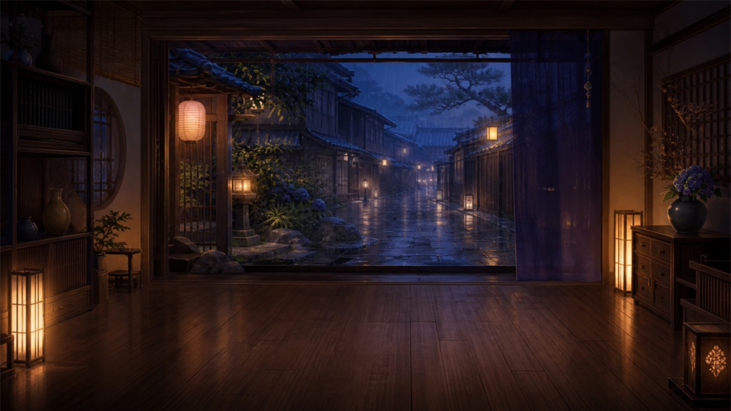 【サイズ選択・各5枚】京都町家の雨夜 配信背景素材|商用利用可