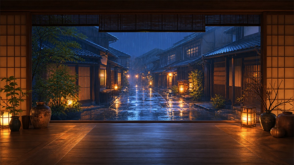【サイズ選択・各5枚】京都町家の雨夜 配信背景素材|商用利用可