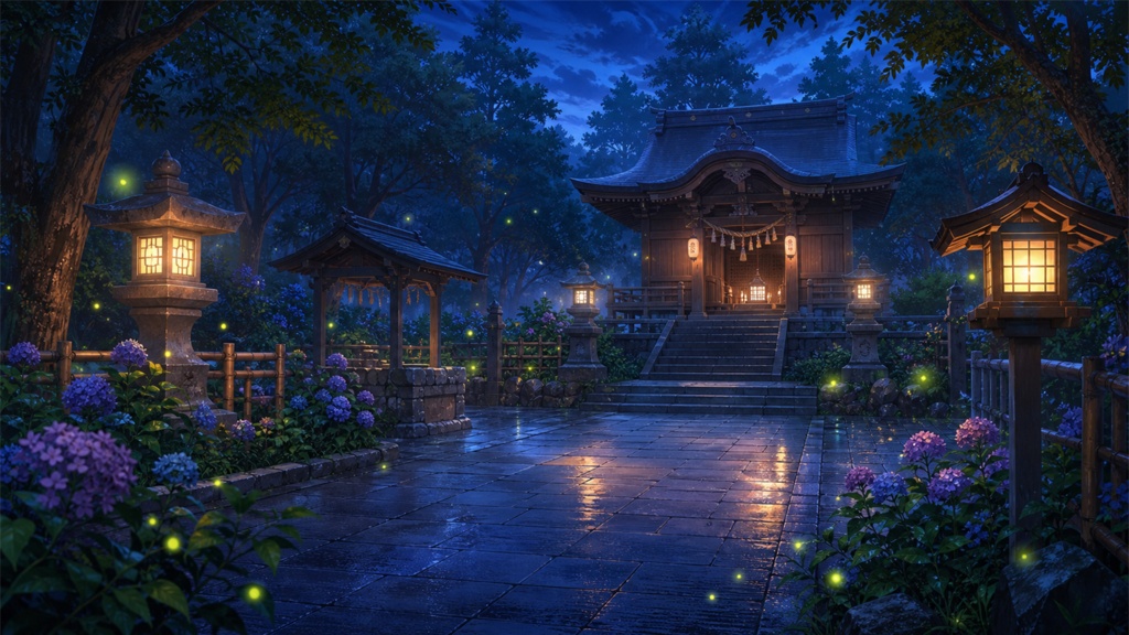 【サイズ選択・各5枚】夏の神社とホタル 配信背景素材｜商用利用可
