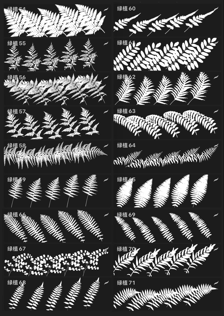 Procreateブラシ - 自動で縁取りのある緑の植物(葉っぱ、熱帯植物、シダ植物)170本