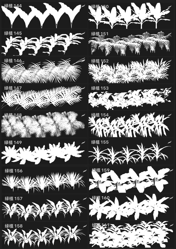 Procreateブラシ - 自動で縁取りのある緑の植物(葉っぱ、熱帯植物、シダ植物)170本