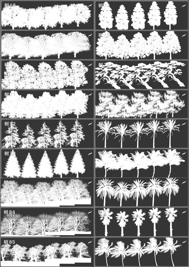 Procreateブラシ - 自動で縁取りのある木(枝、樹木、葉っぱ、幹、テクスチャ)130本