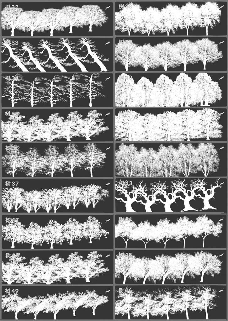 Procreateブラシ - 自動で縁取りのある木(枝、樹木、葉っぱ、幹、テクスチャ)130本