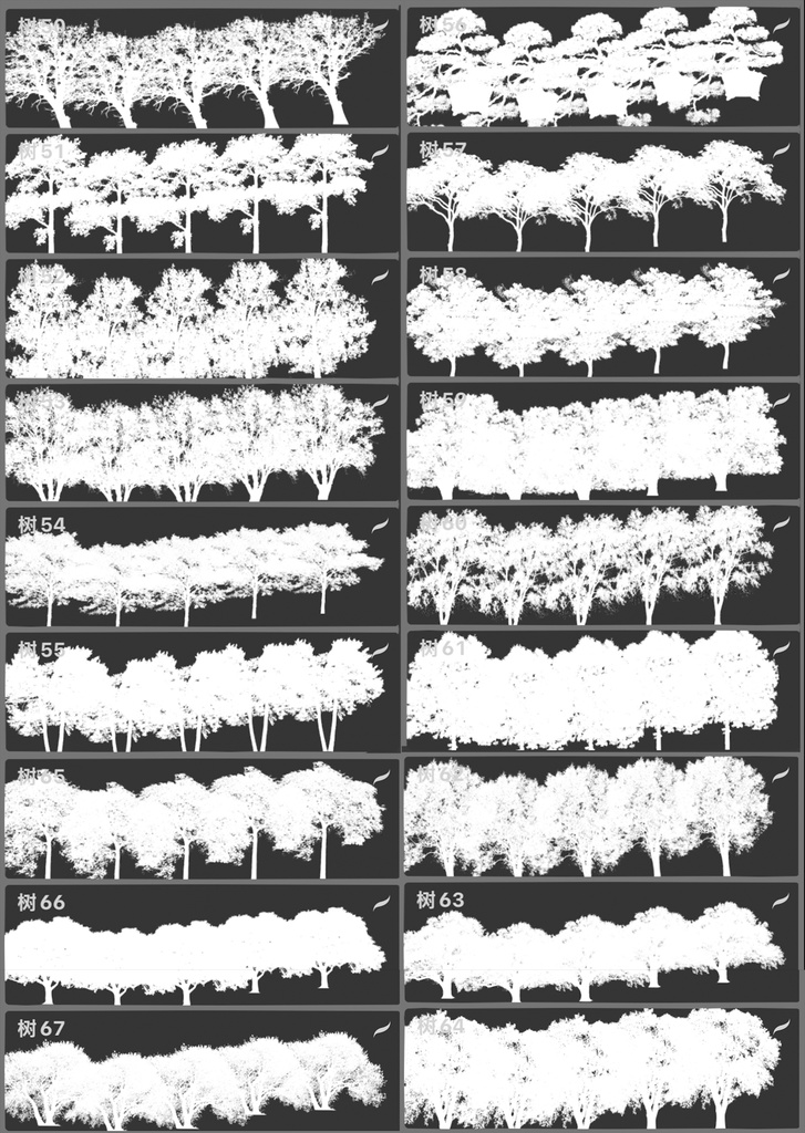 Procreateブラシ - 自動で縁取りのある木(枝、樹木、葉っぱ、幹、テクスチャ)130本