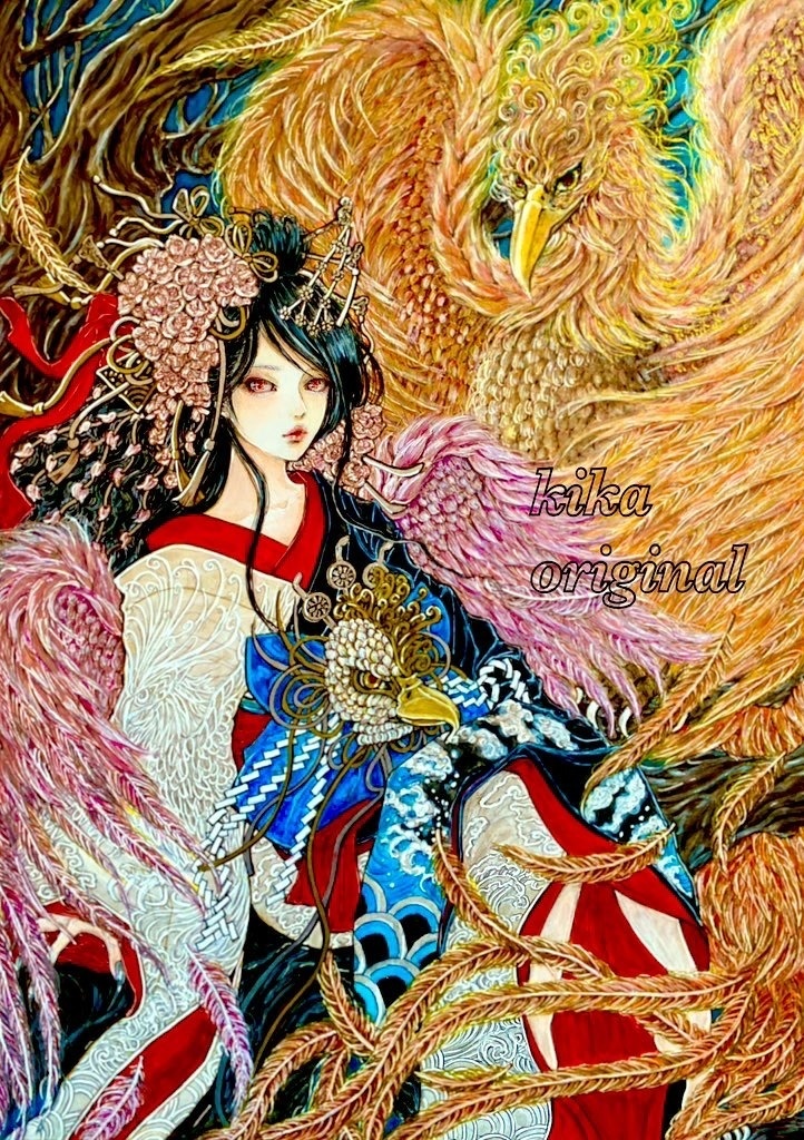 「四神獣・朱雀」崎山キカ 手描きオリジナルイラスト原画・B4サイズ