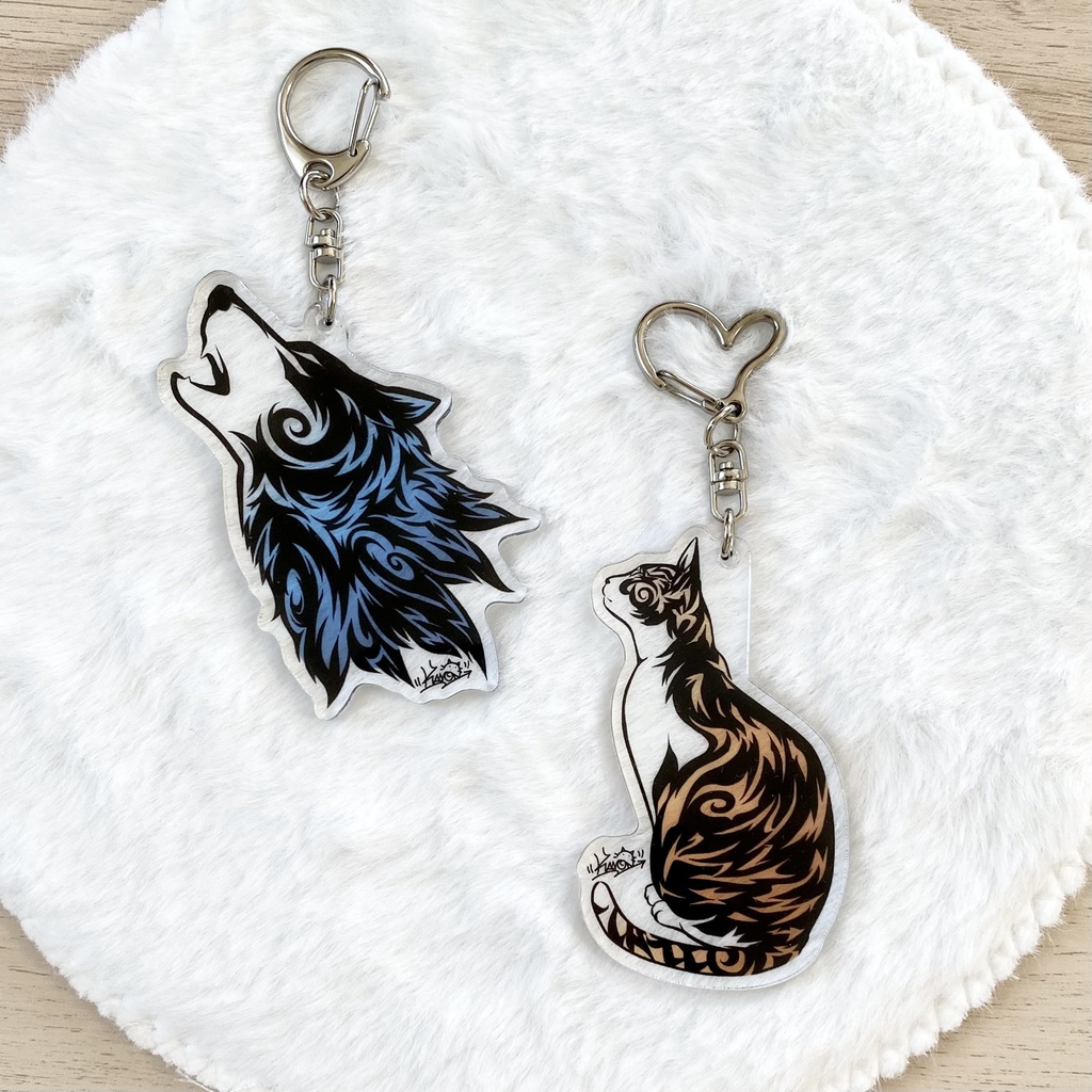 トライバル風 アクリルキーホルダー【狼】【猫】