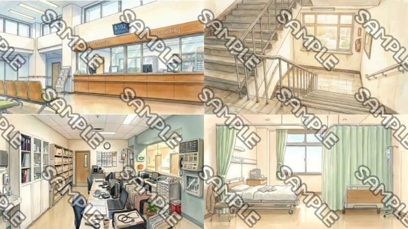 【TRPG&ゲーム背景素材】総合病院 基本セット107枚(昼夕夜雨霧・破壊・異界etc)